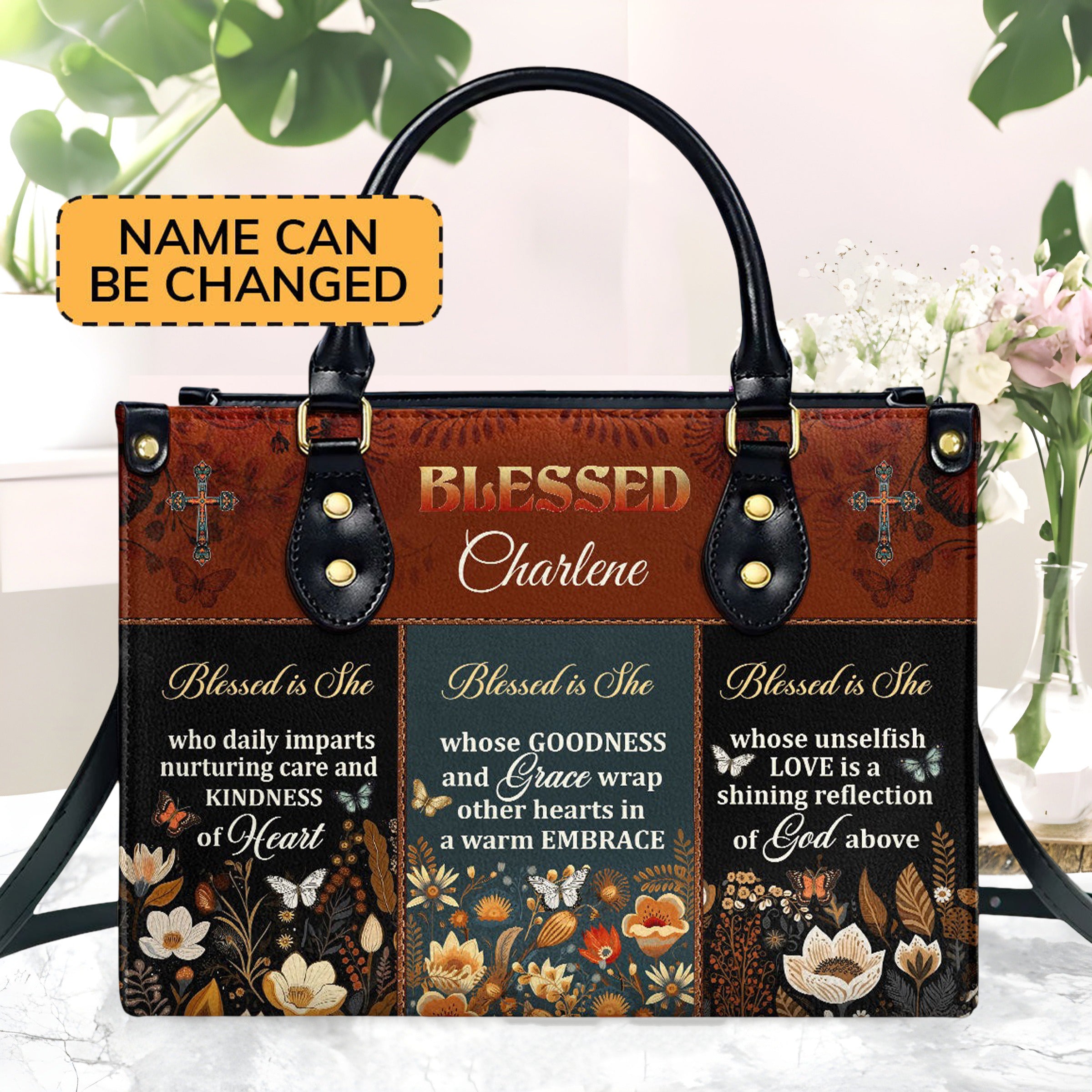 Personalized Christian Leather Handbag, Blessed is She Custom Name Purse, Faith Bible Verse Tote, Religious Gift for Women BLAF27